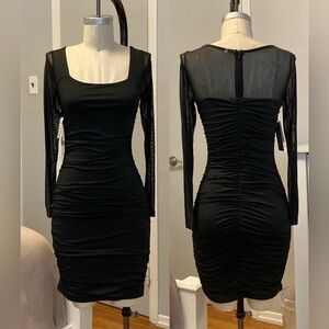 Womens Oten black stretch ruched dress with sheer sleeves in size S